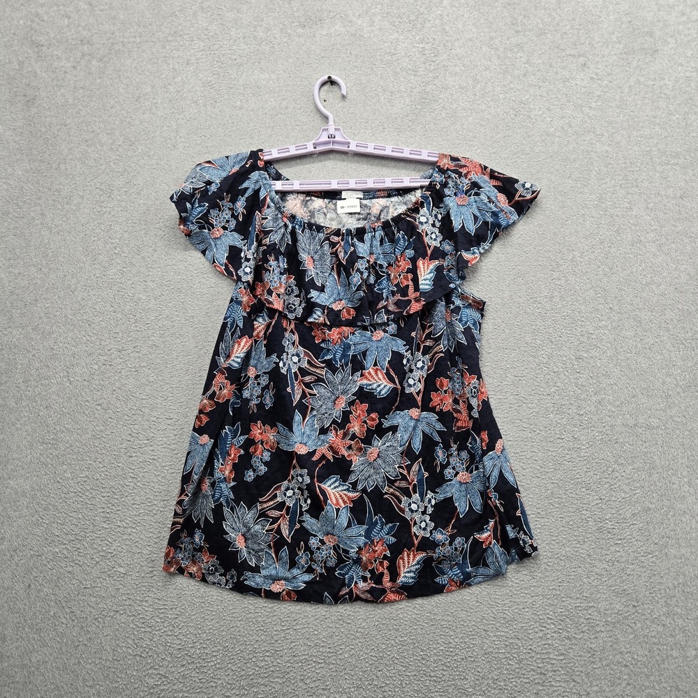 J.‎ Jill Women Blouse 2X Navy Linen Floral Love Off The Shoulder Ruffle